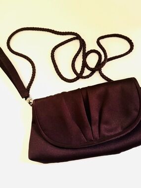 Elegant Brown Satin Clutch with removable wristlet or fabric cord strap, Clutch
